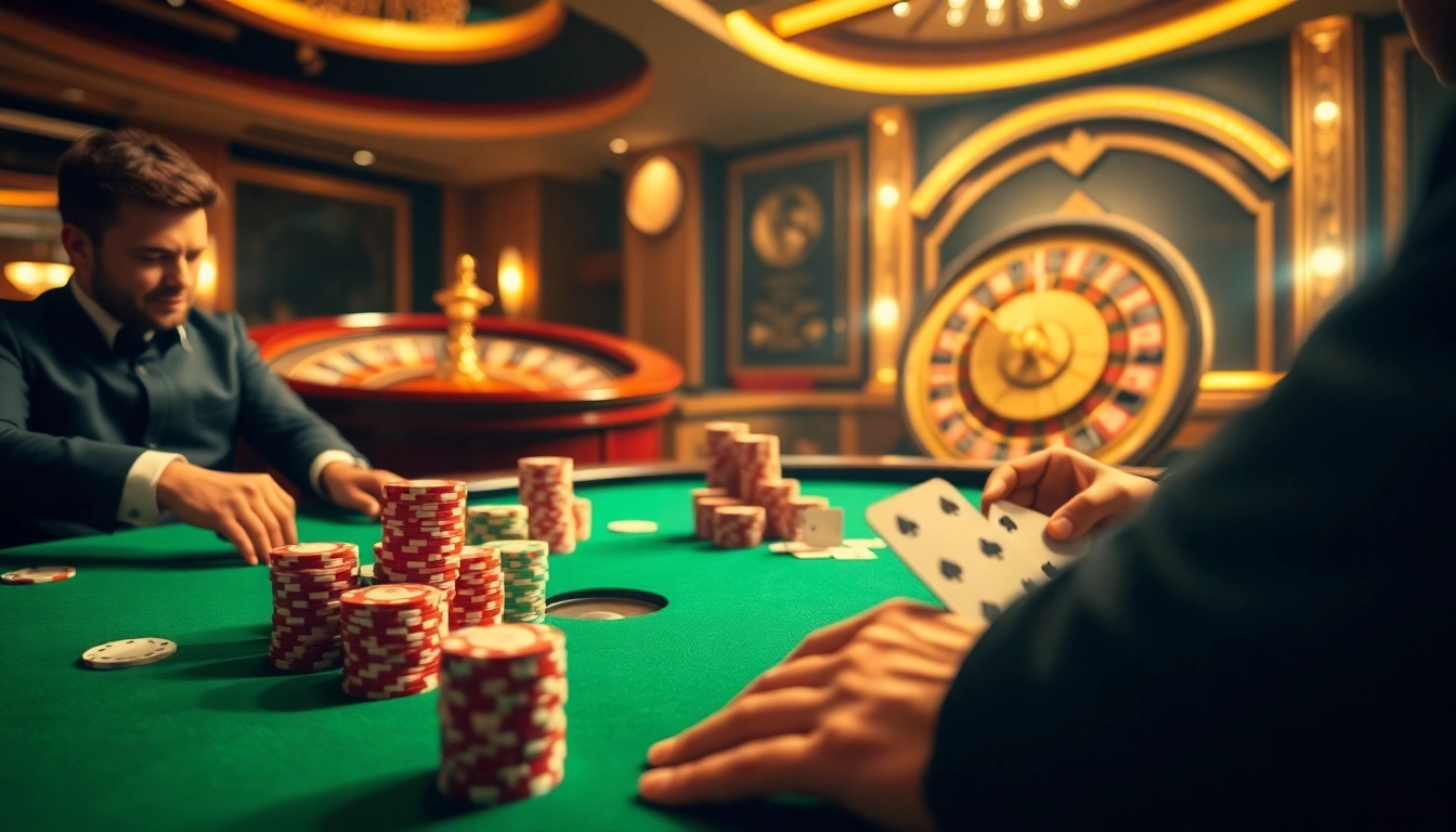 Players at a high-stakes poker table enjoying fnew88.com, highlighting excitement and strategy in casino gaming.