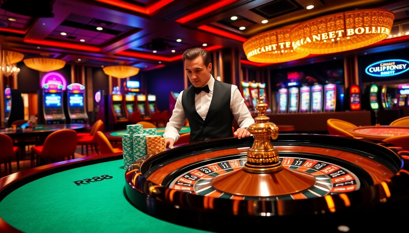 Experience the thrill of RR88 with a luxurious roulette table and vibrant casino ambiance.
