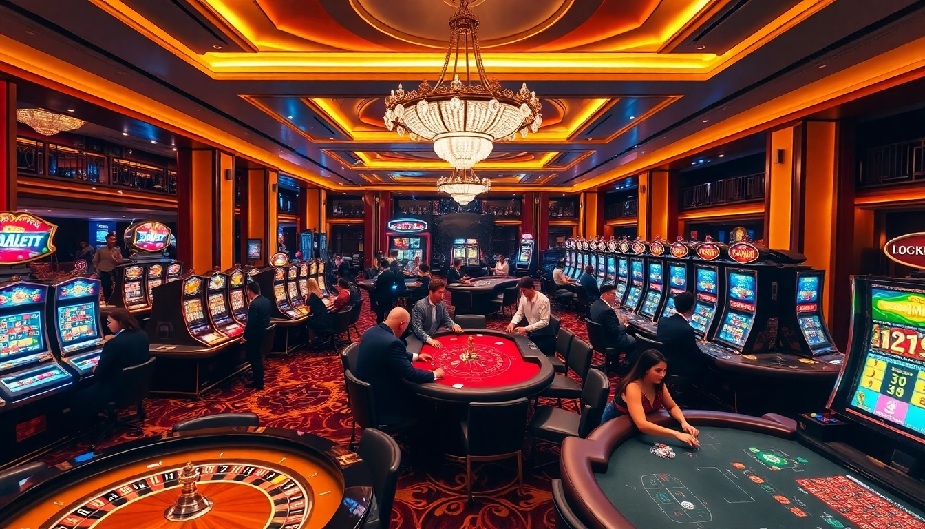 Experience the thrill at luckywin casino with vibrant gaming tables and excited players.