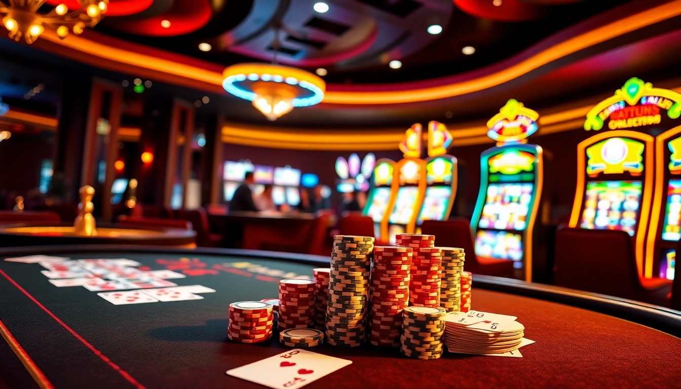 A vibrant scene at the 789club featuring players at a poker table, roulette wheel, and lively slot machines.