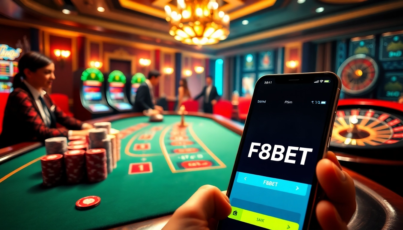Players enjoying a thrilling game of poker at F8BET casino with vibrant slot machines in the background.