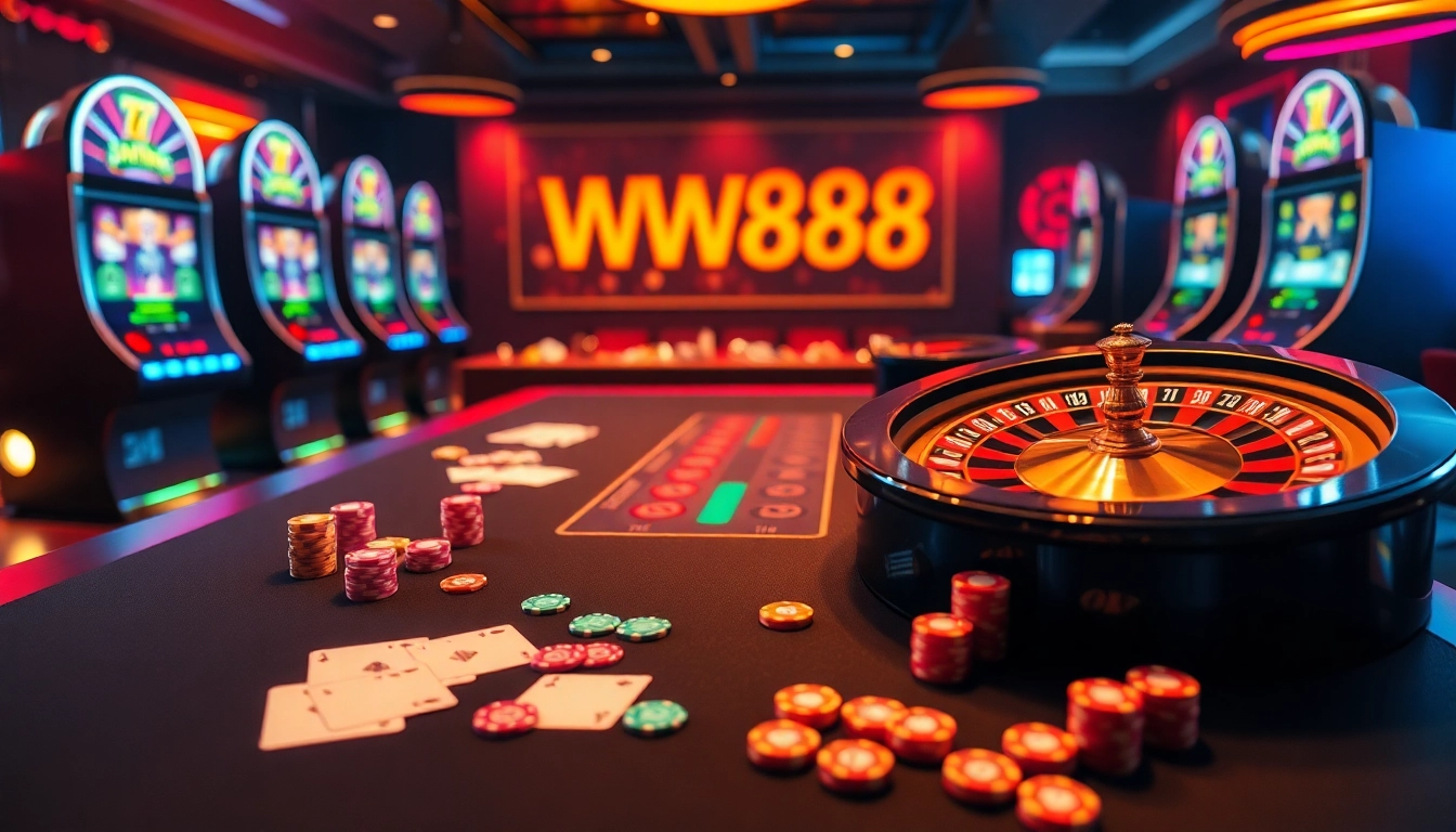WW88 online casino scene with vibrant tables, poker chips, and exciting slot machines.