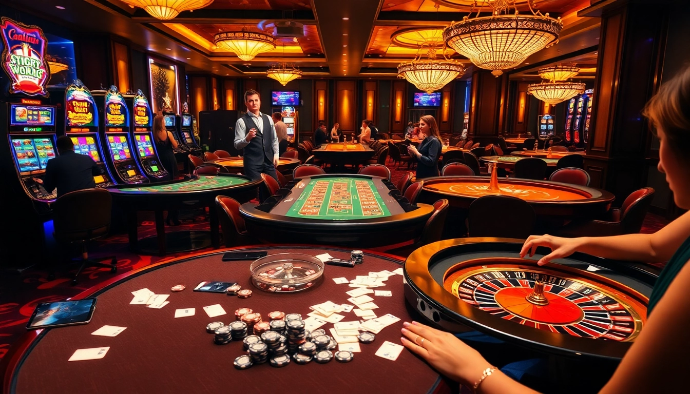 Engaged players in a lively casino at https://888vina.com/ showcasing Blackjack and Roulette tables.