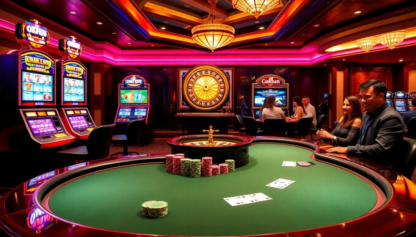 OKFUN casino ambiance with vibrant poker tables and lively slot machines, offering an exciting betting experience.