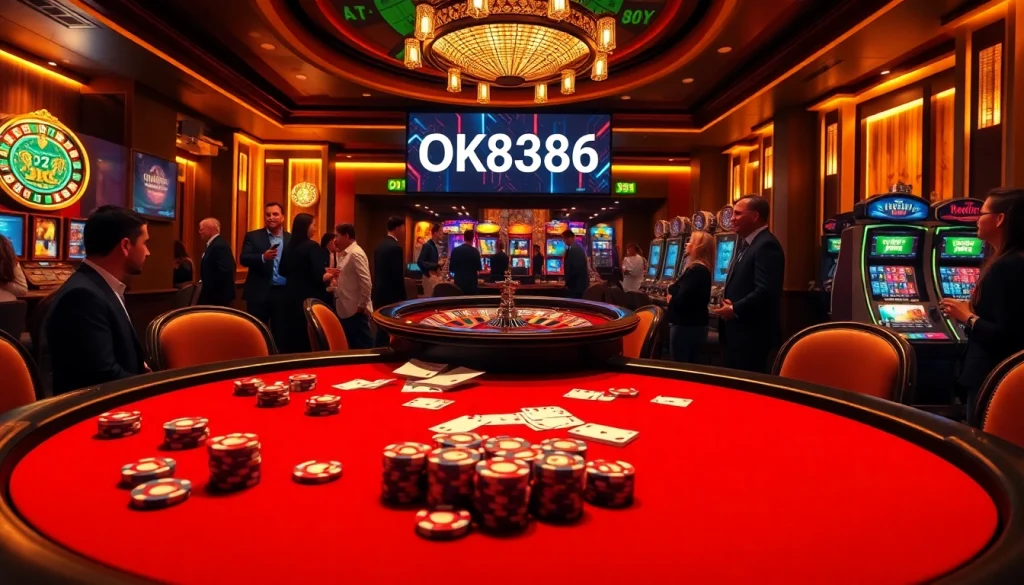 Players enjoying poker at the luxurious OK8386 casino with vibrant chips and cards.