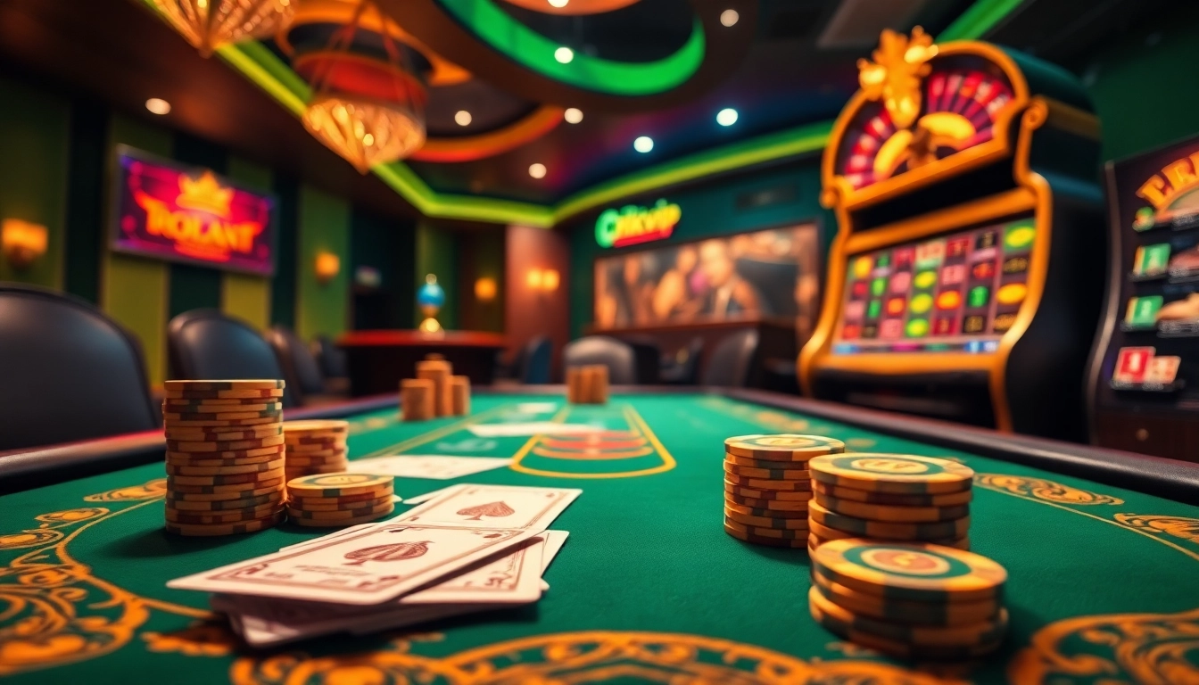 Experience the thrill of gaming at rikvip, featuring luxurious poker tables, roulette wheels, and vibrant slot machines.