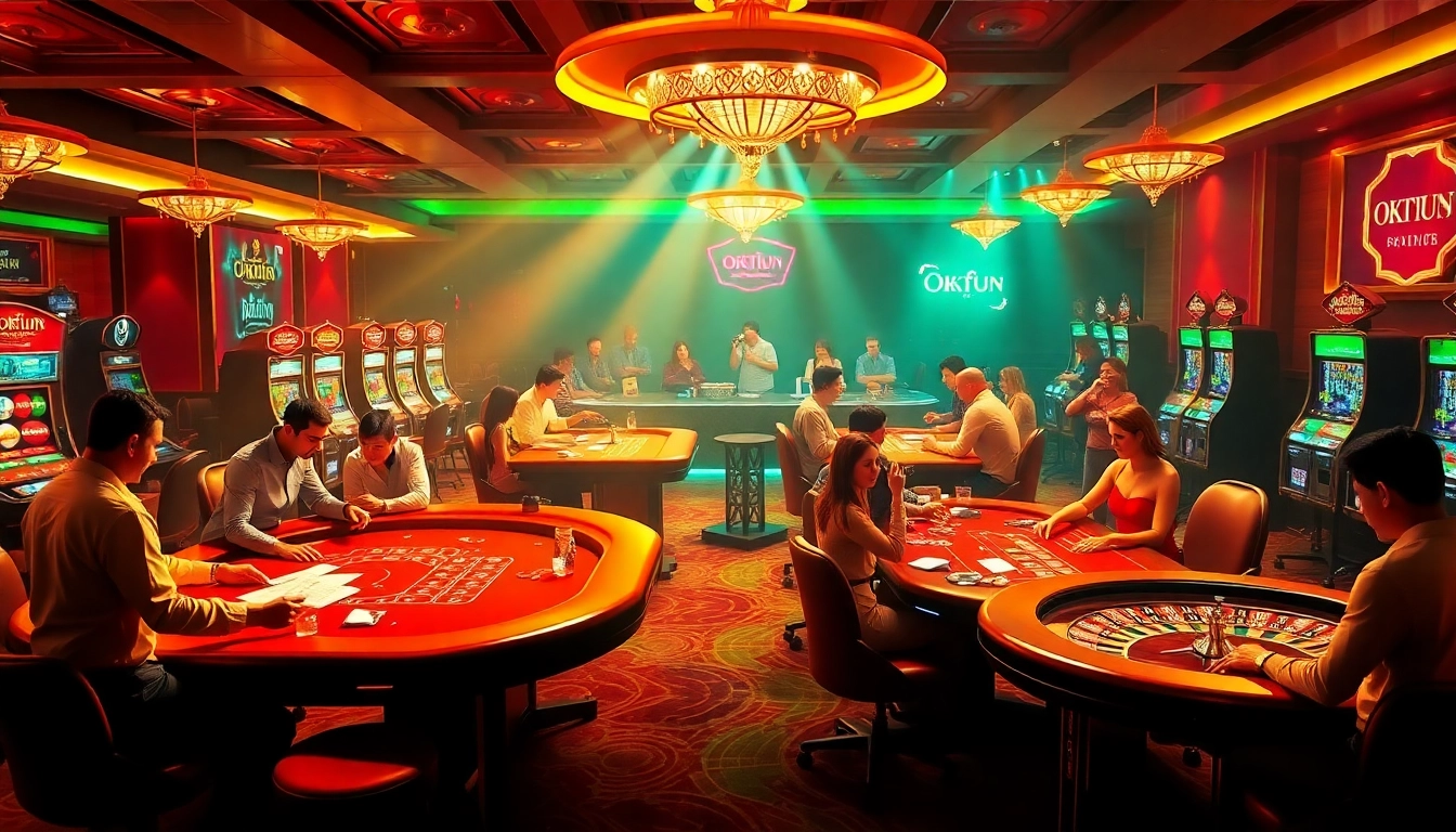 Engage in high-stakes gaming at Okfun casino featuring vibrant poker tables and roulette wheels.