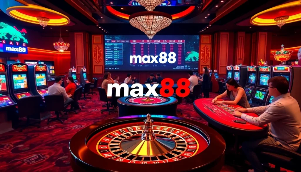 Experience the excitement of max88 with a vibrant casino scene showcasing thrilling games and big wins.