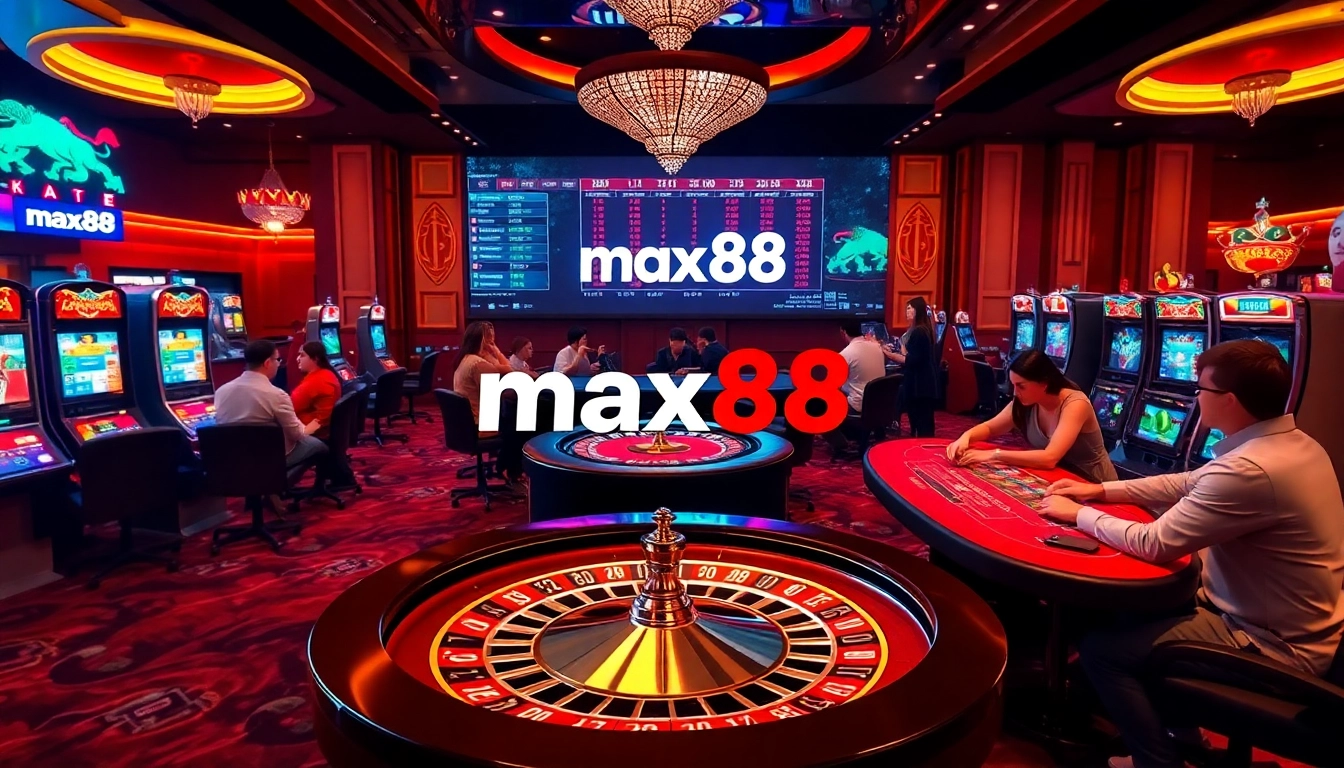 Experience the excitement of max88 with a vibrant casino scene showcasing thrilling games and big wins.
