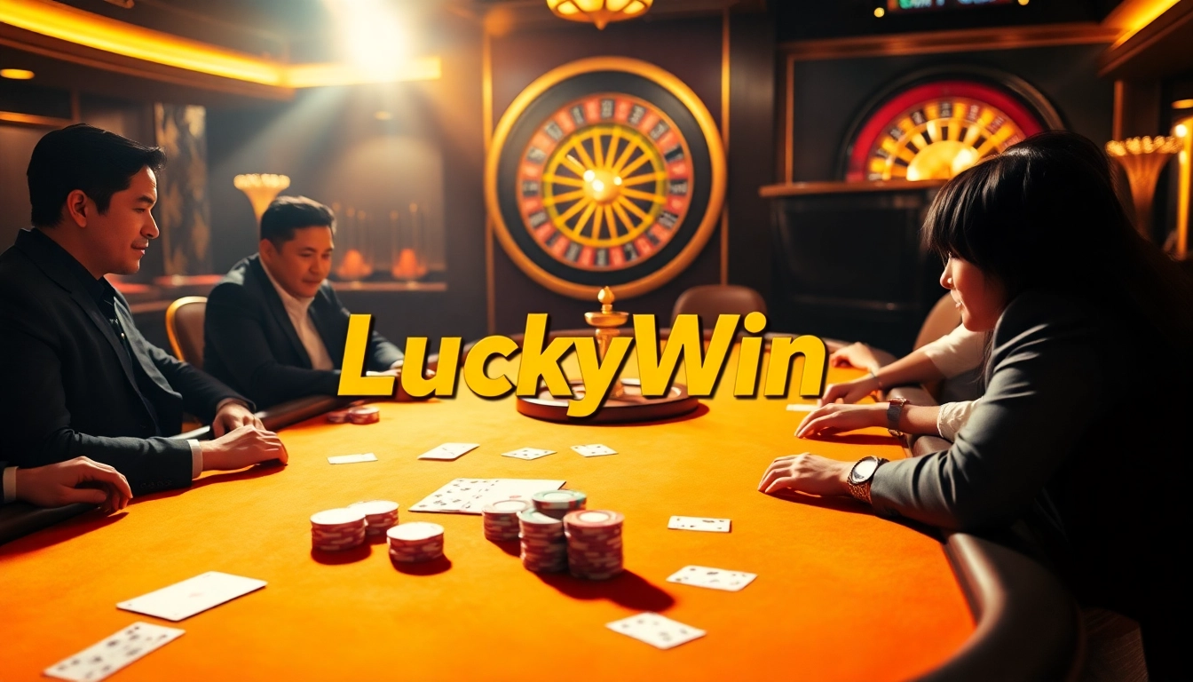 Engage in thrilling poker action at LuckyWin casino, showcasing vibrant ambiance and professional gameplay.