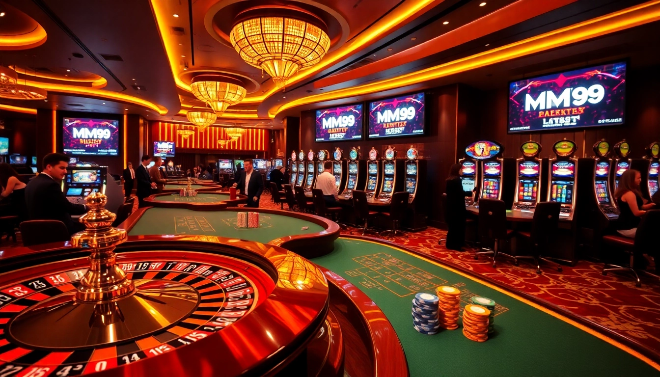 A luxurious MM99 casino scene featuring vibrant poker tables and high-end slot machines.