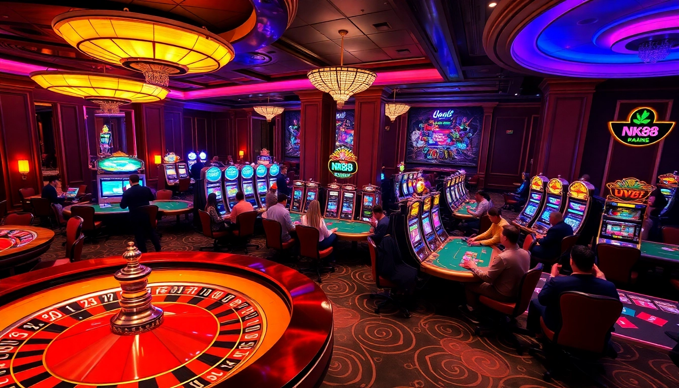Players enjoying energetic gameplay at NK88's luxurious casino setting with poker tables, chips, and roulette.