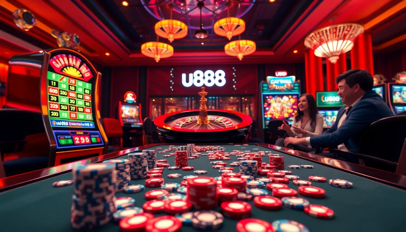 Exciting casino visual showcasing u888 gaming experience with roulette and poker elements.