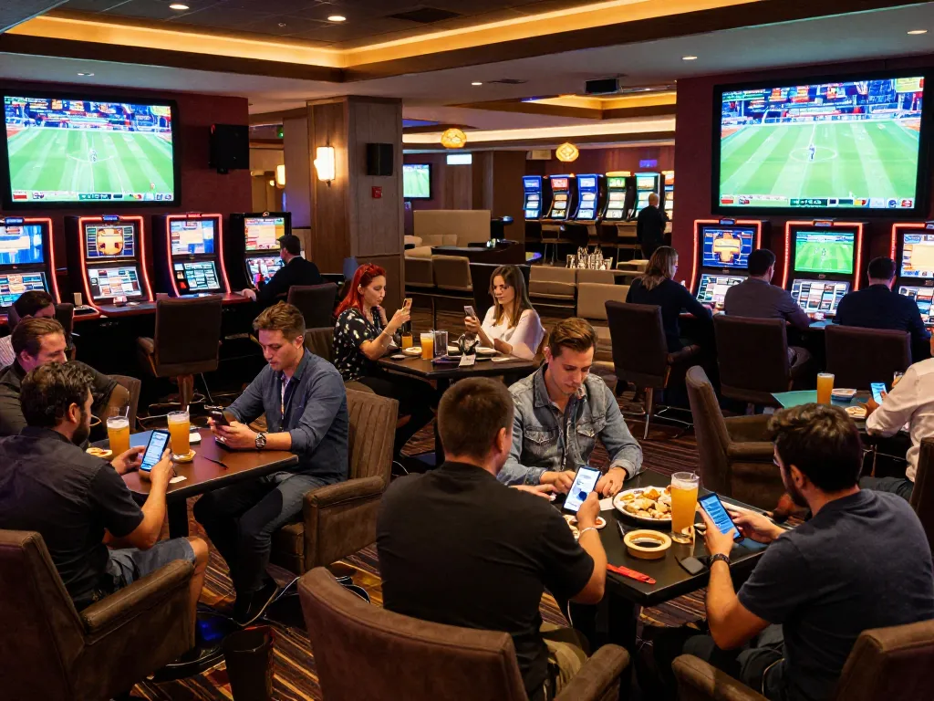Tỷ lệ kèo nhà cái featured in an engaging sports betting lounge with patrons actively placing bets.