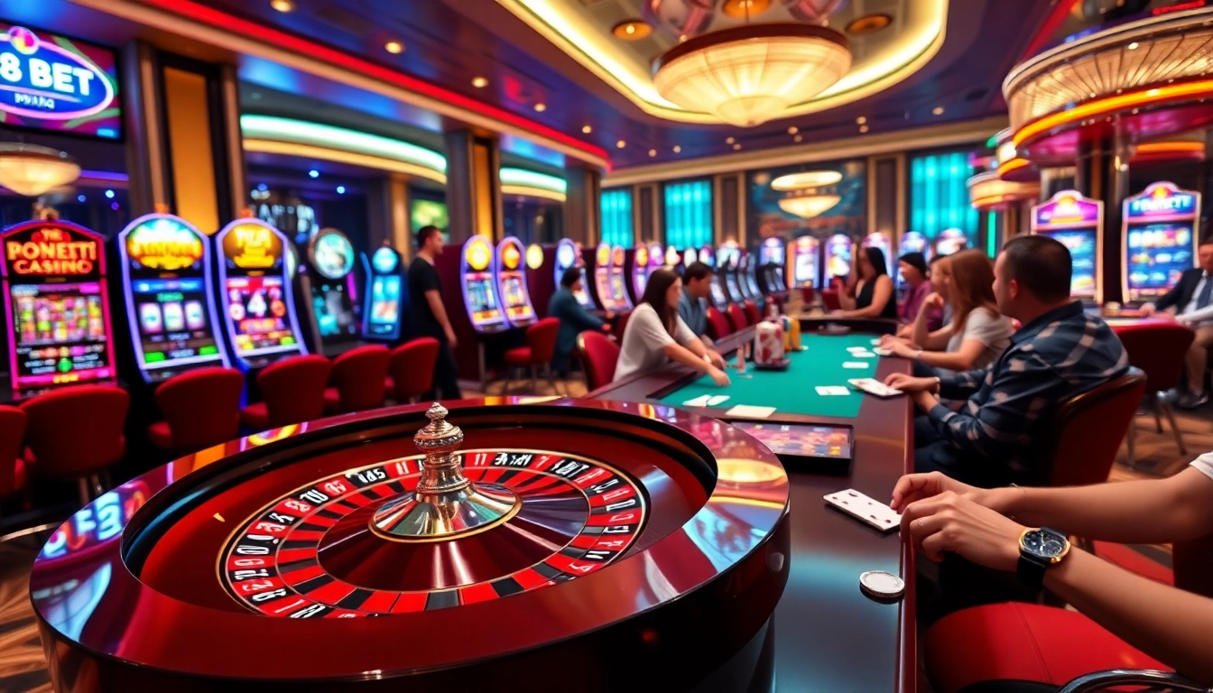 Exciting casino action at F8BET with vibrant slot machines and roulette tables.