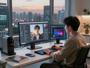 Creating an image to prompt in a modern AI workspace with designer reviewing generated text prompts.