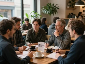 Men engaging in meaningful discussions at a manclub meeting in a cozy café
