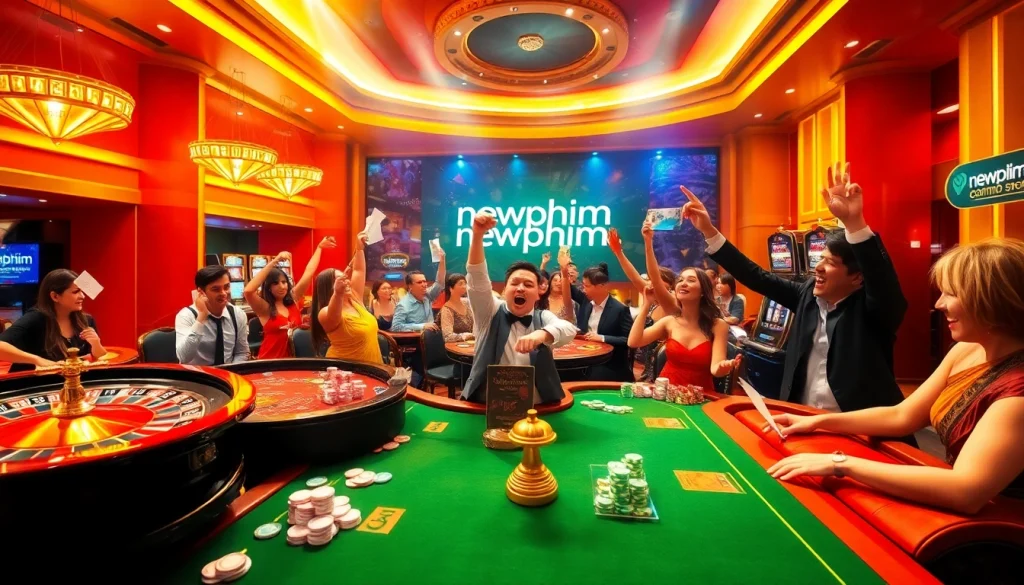 Exciting casino scene showcasing players celebrating wins at 'newphim' with vibrant poker tables and slot machines.