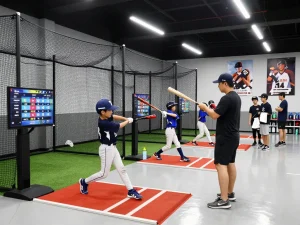 Young athletes training at hitclub's modern batting cages, with a coach providing guidance in an energetic environment.
