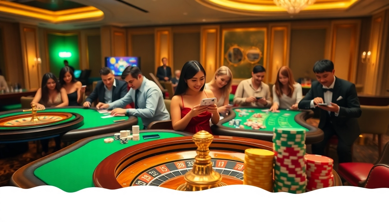 Capture the thrilling atmosphere of online gambling at https://mtr888.com/ with players enjoying poker and roulette in a vibrant casino setting.