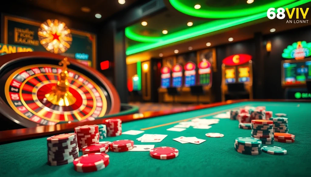 Participate in Đăng Ký Nhà Cái 68VIP at a luxurious casino table with vibrant gaming elements.