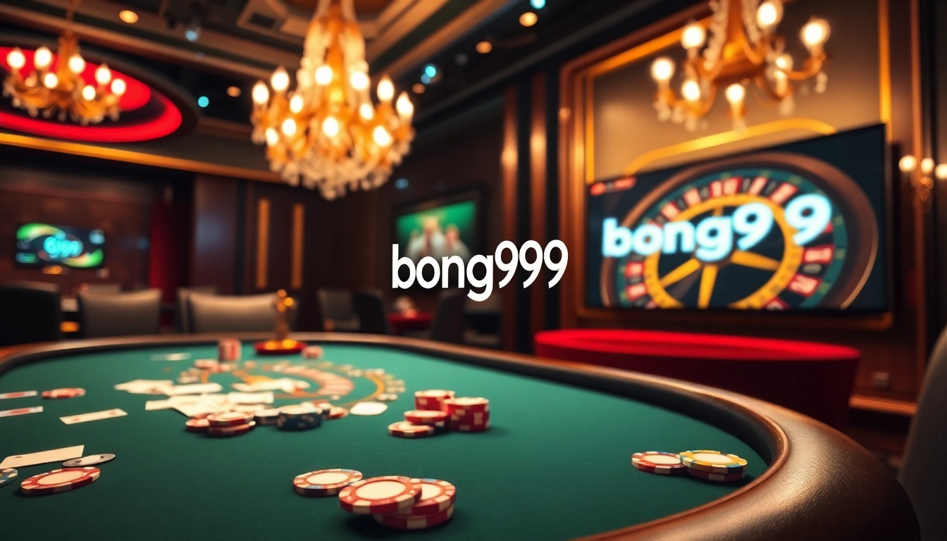 A gambler placing bets at a vibrant bong99 online casino featuring poker and roulette tables.