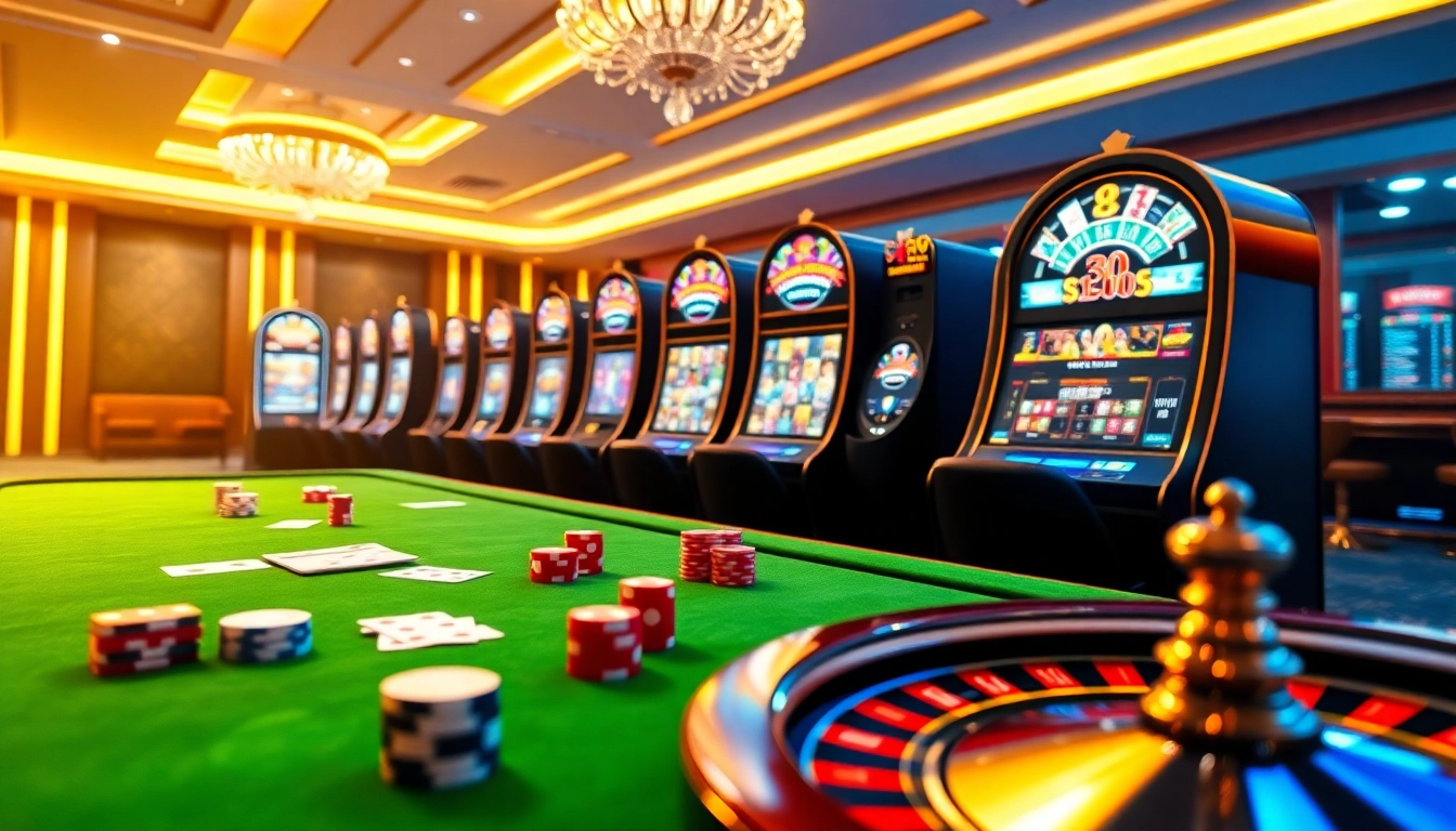 Engaging scene of a luxurious gambling table at Nhà Cái Win55 with vibrant slot machines.