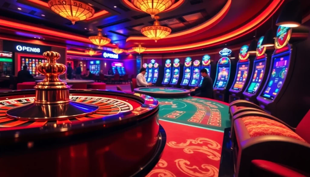 Experience the thrilling casino atmosphere at OPEN88 with a vibrant poker table and roulette wheel.