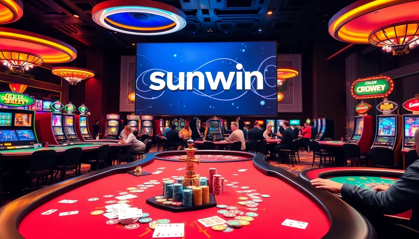 Exciting casino gameplay with players enjoying various games at Sunwin casino, showcasing vibrant table layouts and dynamic ambiance.