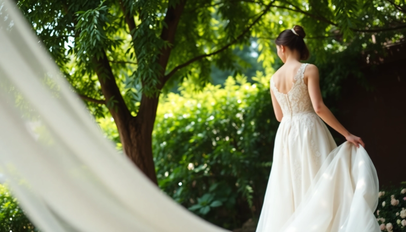 Rebel Designerwear wedding gown showcasing elegant lace details in a romantic garden setting.