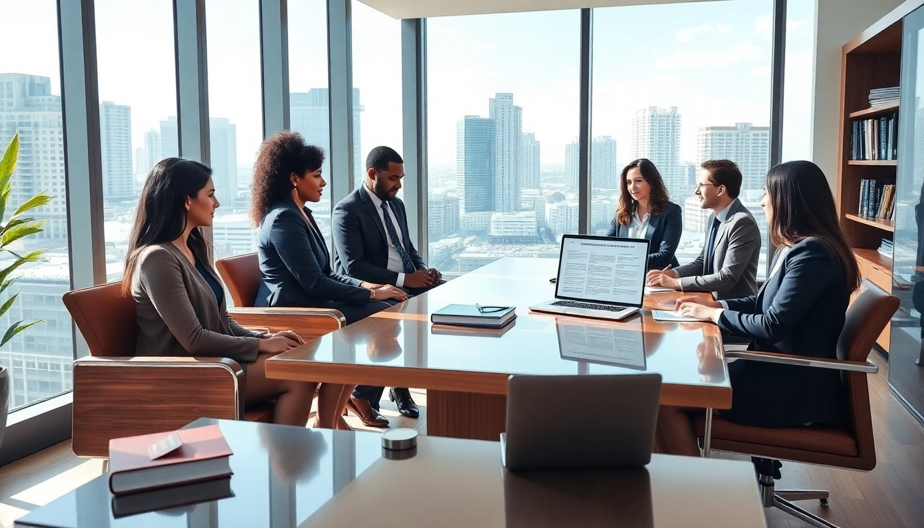 Immigration lawyer in the US consulting clients in a modern Miami law office.