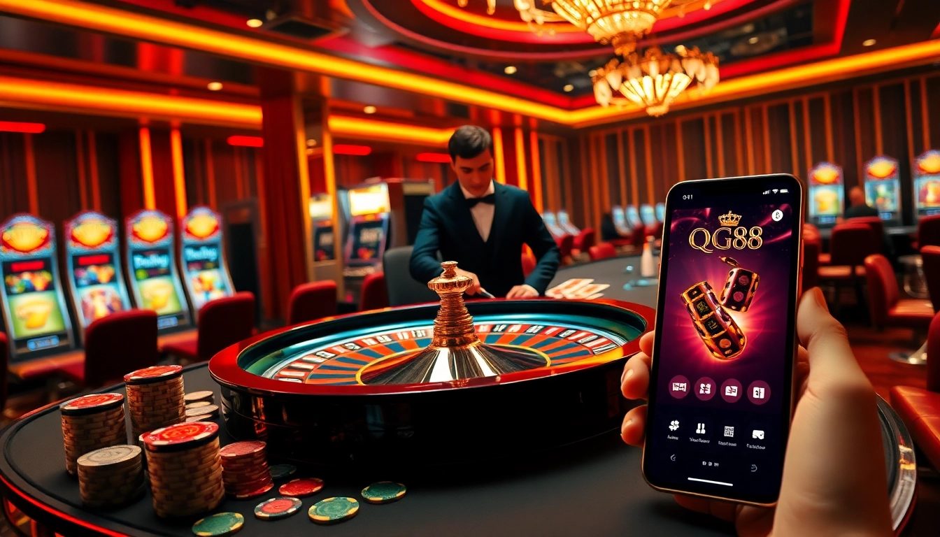 Engaged players at a luxurious QQ88 casino table with roulette wheel and vibrant chips.