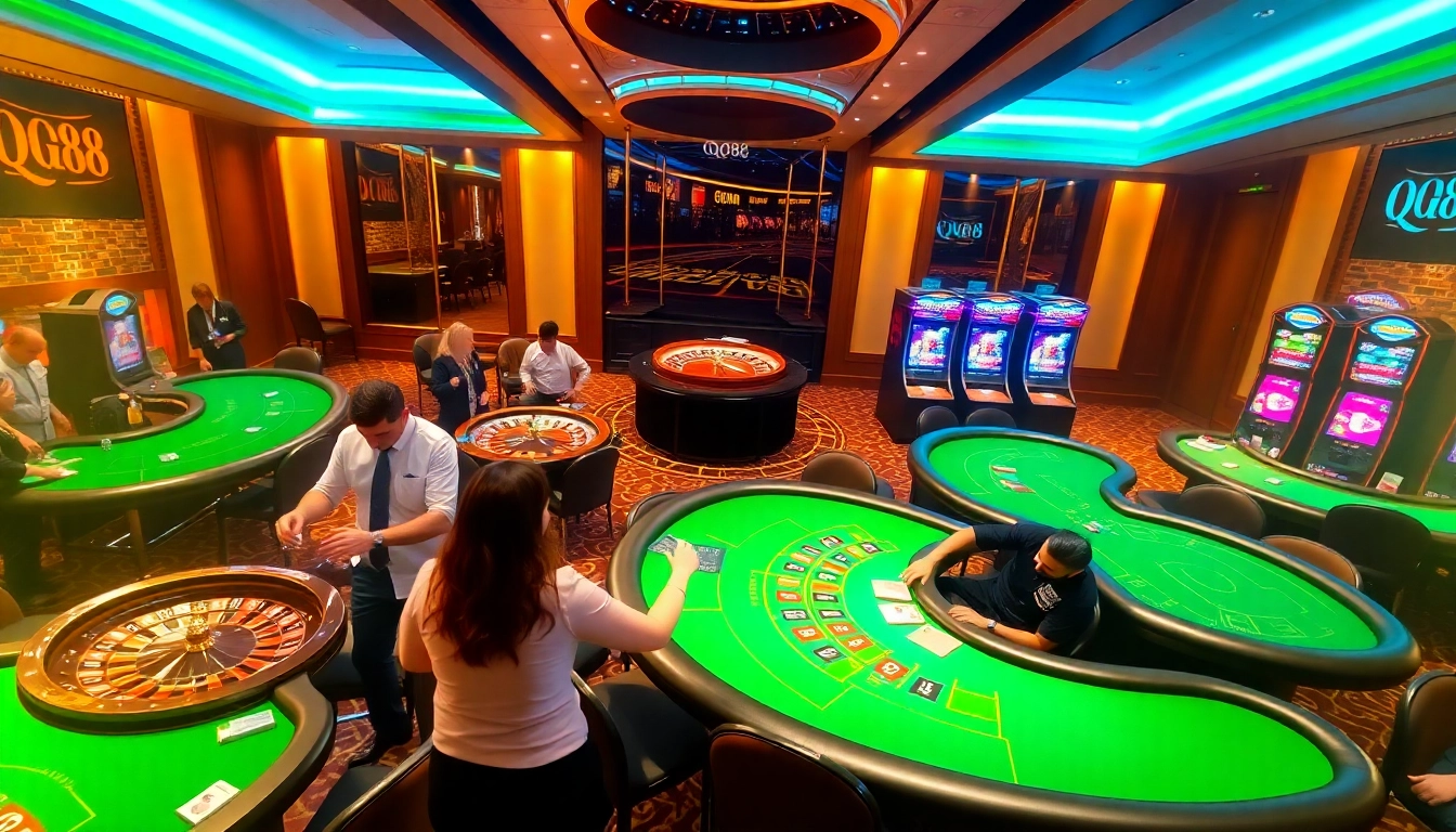 Exciting gambling scene with QQ88 branding featuring tables, cards, and slot machines.