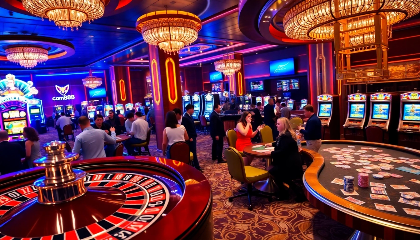 Players enjoying a thrilling casino experience at cm88 with roulette, poker, and slot machines.
