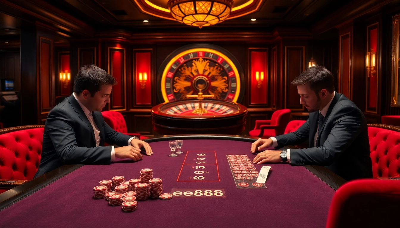 High-stakes poker action at an ee88 casino table with luxurious decor and vibrant atmosphere.