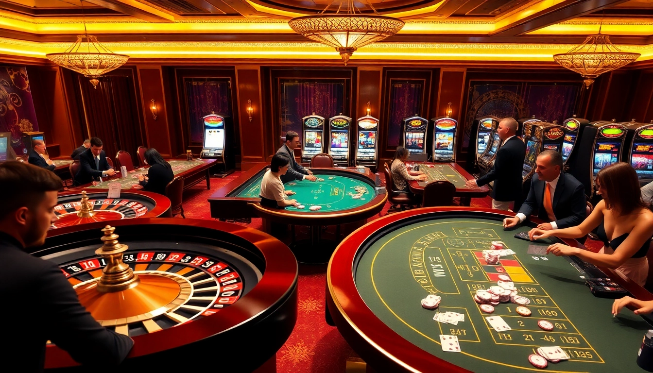The excitement of betting at an online casino like https://hitclub7.org/ with poker tables, roulette wheels, and vibrant slot machines.
