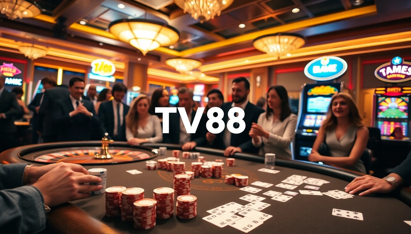 Experience thrilling casino excitement at tv88.page with a vibrant poker table and roulette wheel.
