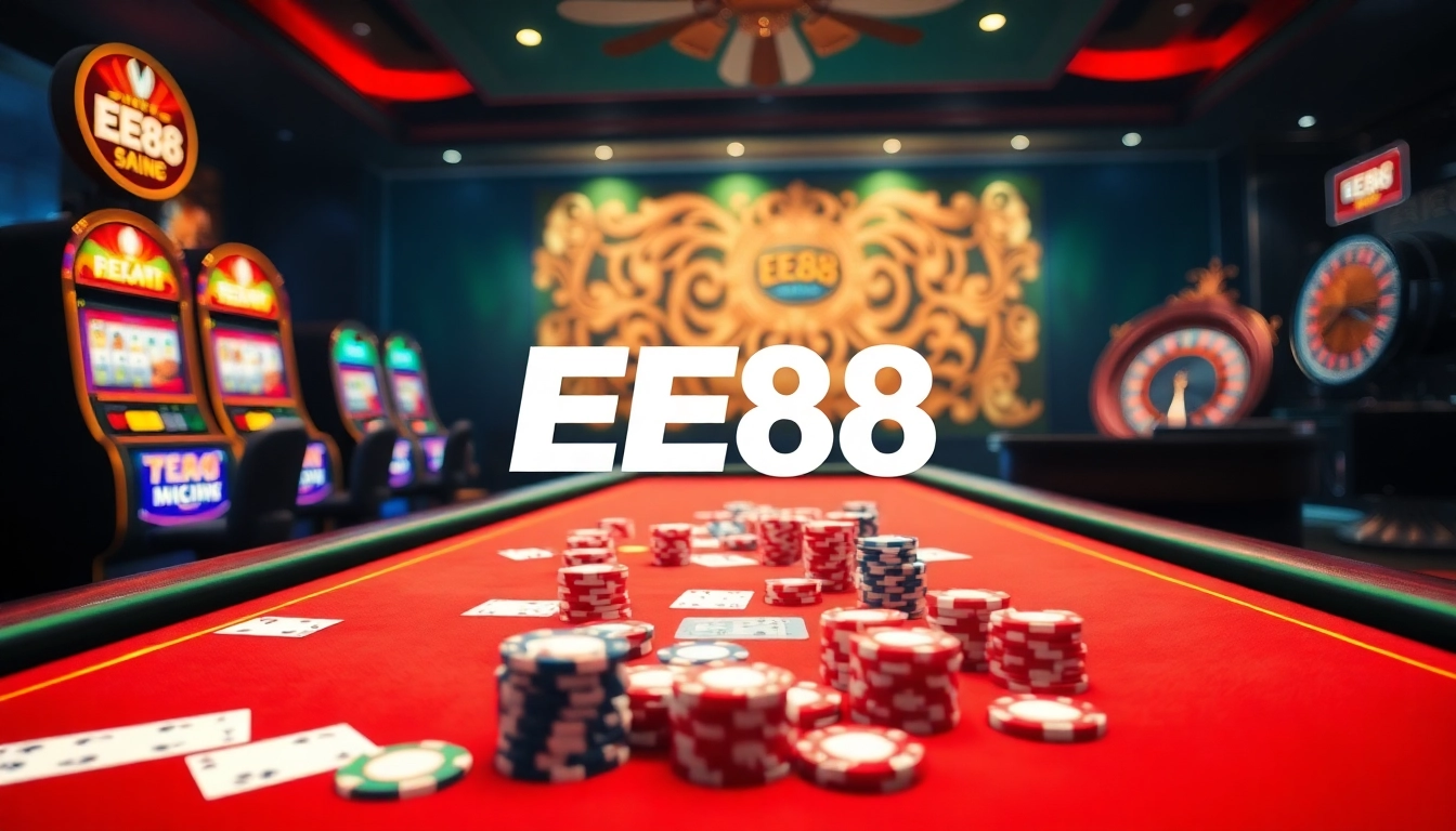 Experience online blackjack at EE88's dynamic casino table with vibrant poker chips and cards.