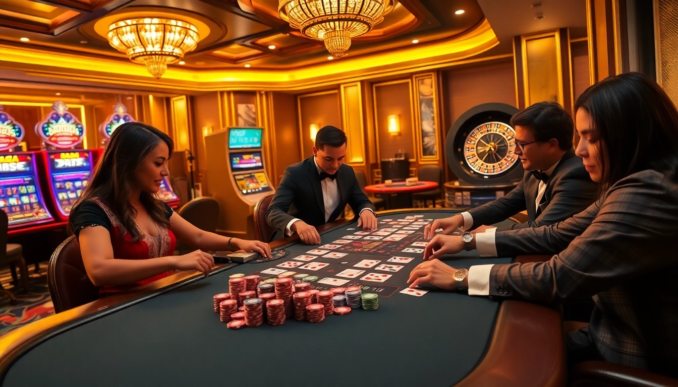 Players gamble at a Daga-themed casino table, showcasing intense poker action and vibrant excitement.