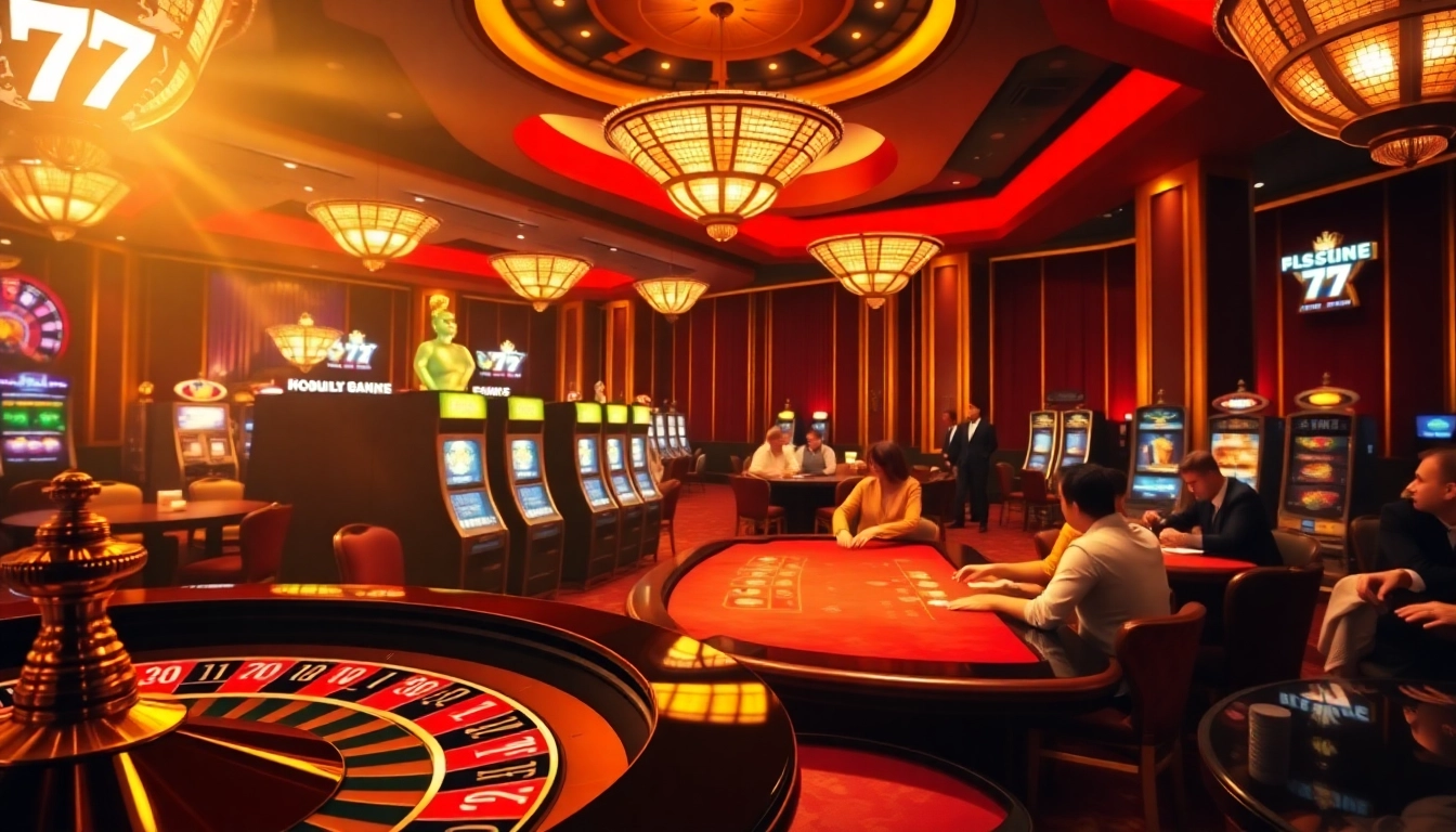 Exciting gaming scene featuring 79 king logo on slot machines and poker tables.