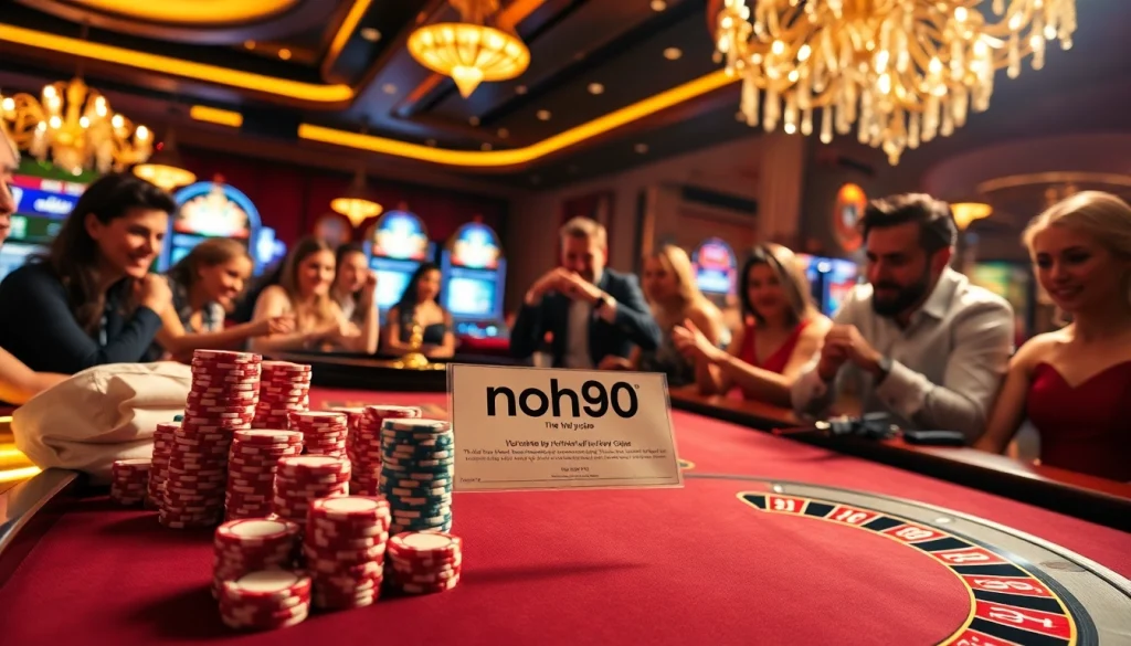 Engaging casino scene with players enjoying games, featuring nohu90 betting slips on the table.