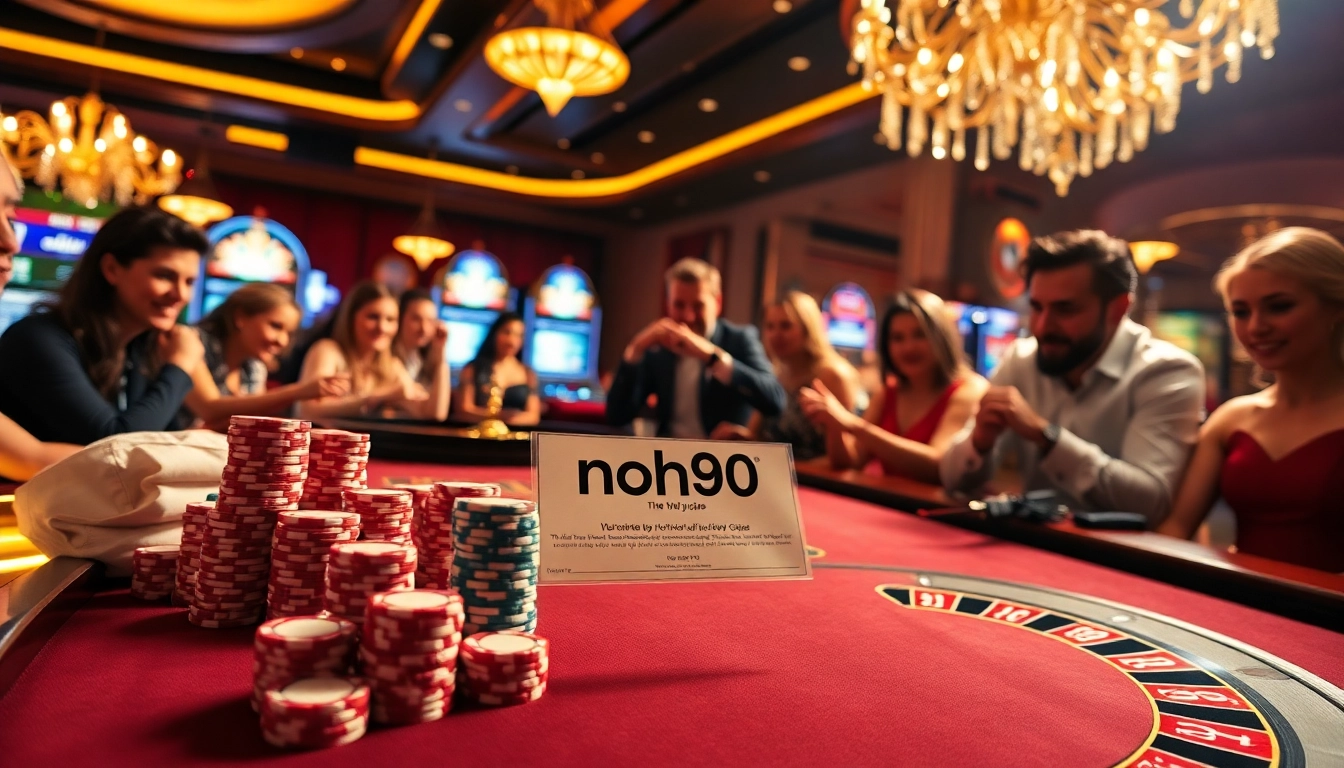Engaging casino scene with players enjoying games, featuring nohu90 betting slips on the table.