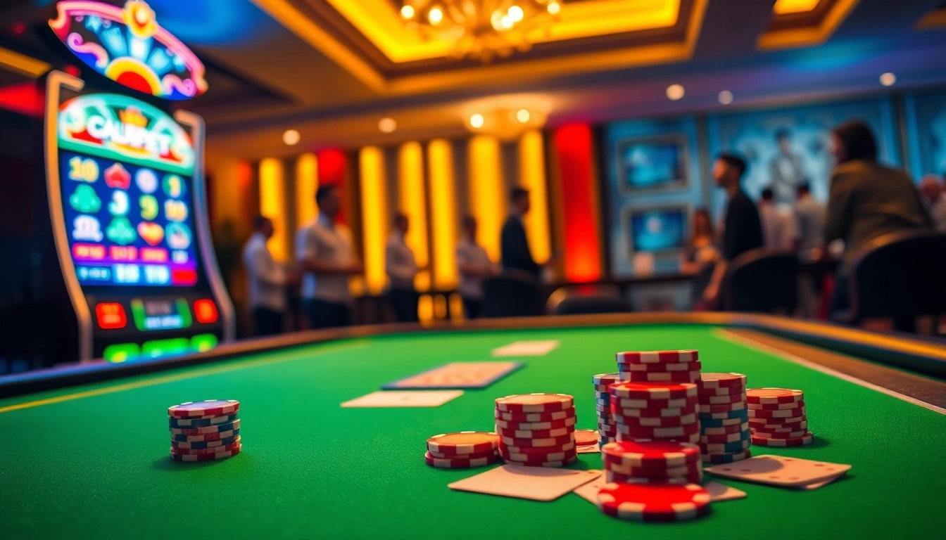 Exciting gaming scene at TG88, featuring vibrant poker chips and a digital slot machine.