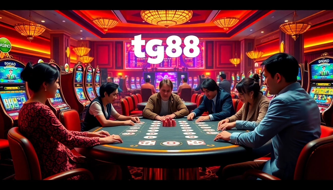 Players engaging in an exciting poker game at tg88 casino, with vibrant slot machines and betting interfaces.