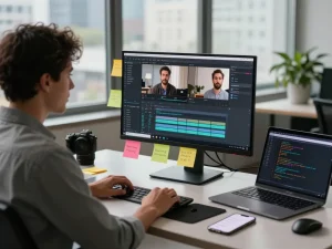 Professional analyzing video to prompt in a modern workspace with high-tech tools and collaborative environment.