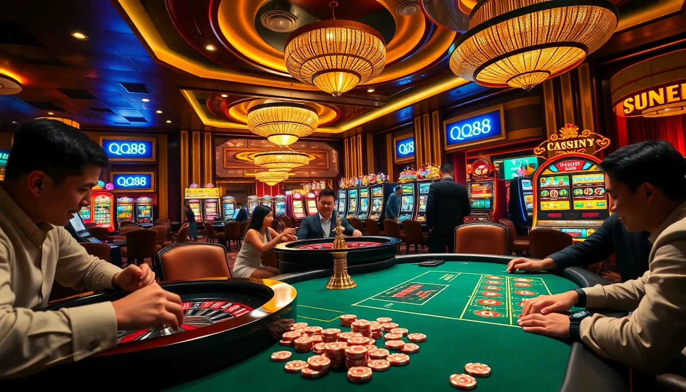 Players enjoying high-stakes games at QQ88 casino with vibrant tables and exciting atmosphere.