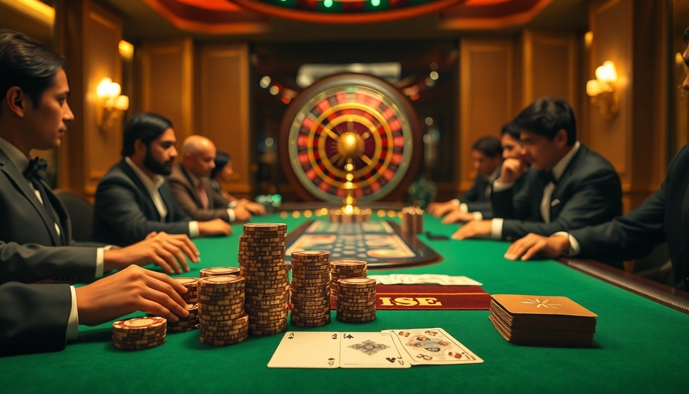Gamble responsibly with excitement at https://lsa.jp.net/ showcasing a luxurious poker table and roulette wheel.
