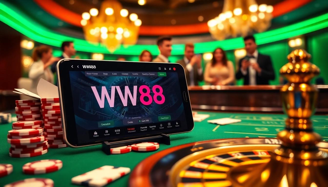 WW88 online gaming interface with vibrant casino elements and enthusiastic players.