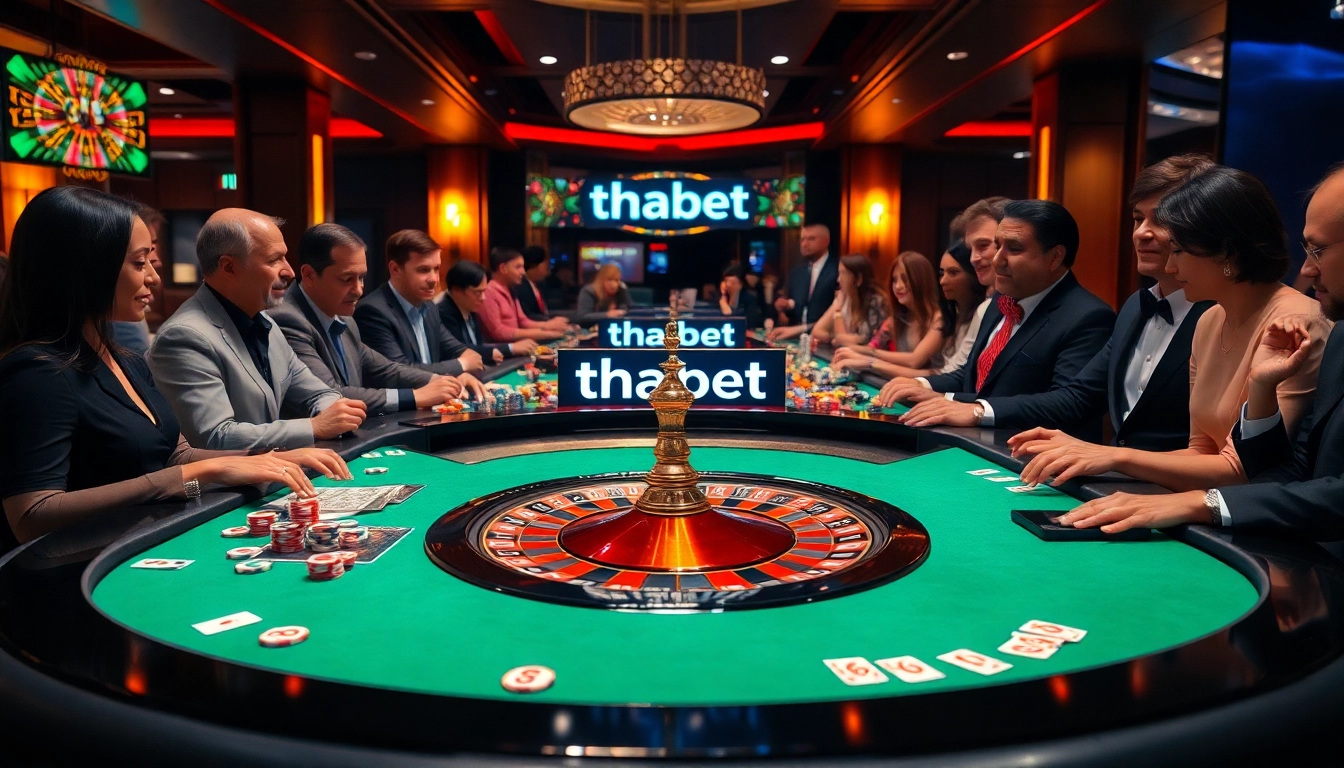 Engaging casino players place bets at a roulette table with thabet branding evident, showcasing excitement and strategy.