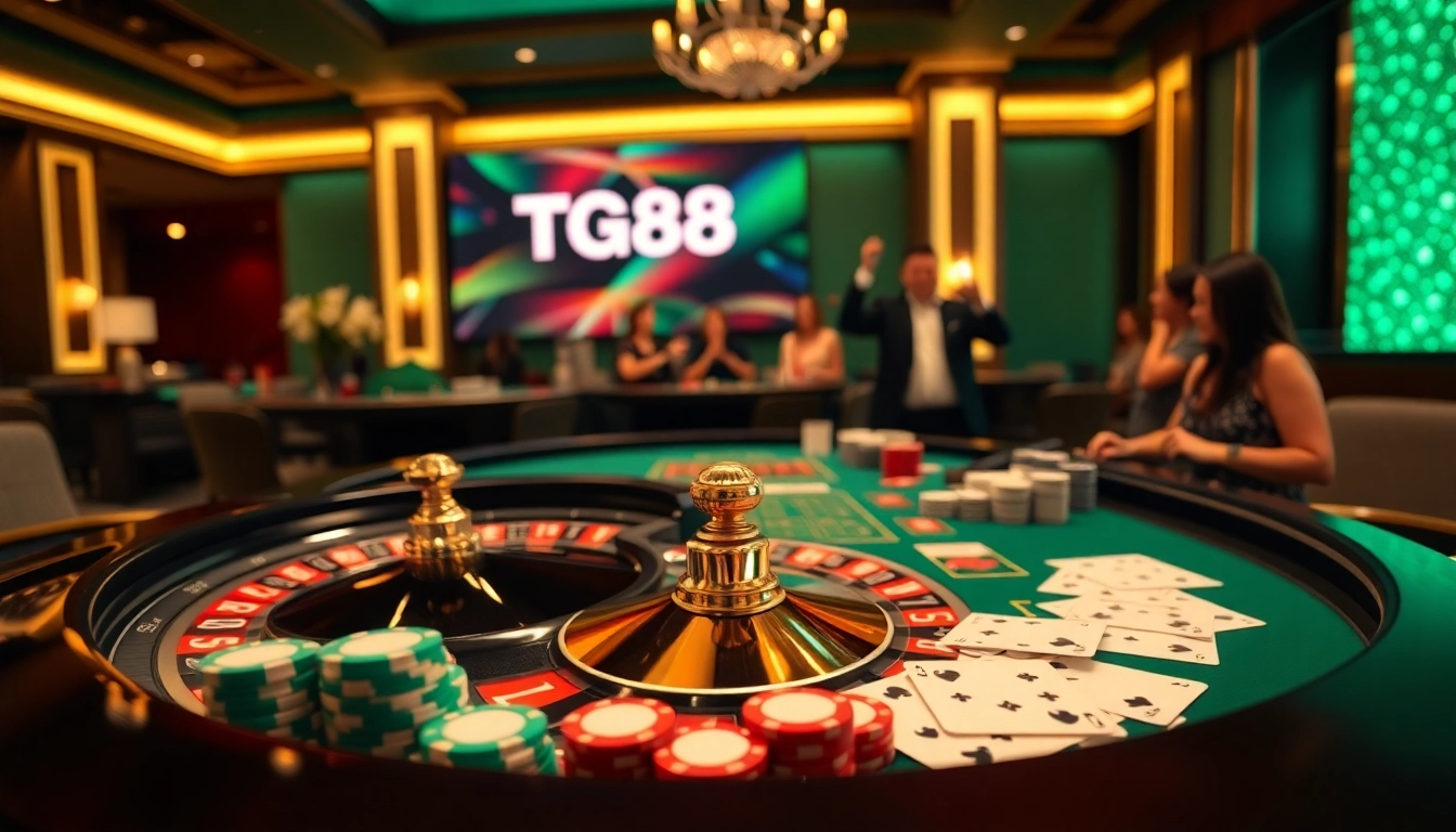 Experience thrilling gameplay at TG88 with an exciting casino table featuring roulette and poker chips.